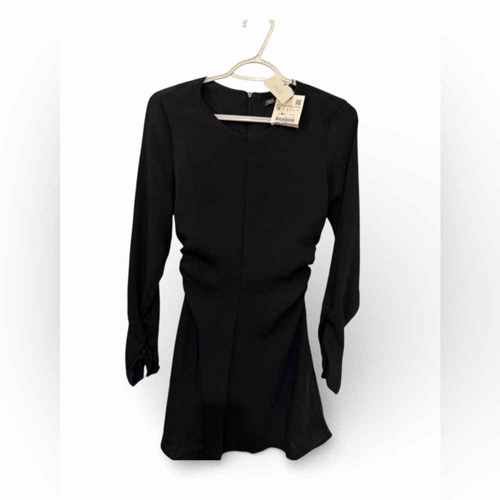 Zara NWT Rouched Mini Black Long Sleeve Dress
